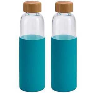 2x Stuks glazen waterfles/drinkfles met turquoise blauwe siliconen bescherm hoes 600 ml