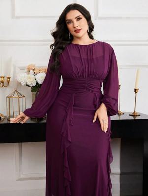 Bon&Bon Plus Size Purple Elegant Formal Dress - Long Sleeve Mesh Gown Purple / 3XL
