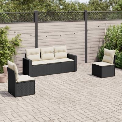 5-delige Loungeset met kussens poly rattan zwart