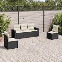 5-delige Loungeset met kussens poly rattan zwart