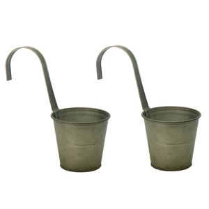 Plantenpot/bloempot - 2x - zink - groen - met ophanghaak - D13 x H28 cm