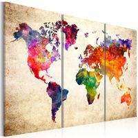 Schilderij - Wereldkaart , Wereld in Waterverf , 3 luik