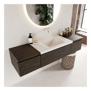 Mondiaz Bukla 160cm badmeubel met module 40 dark brown 3 lades met wastafel midden zonder kraangat kleur talc