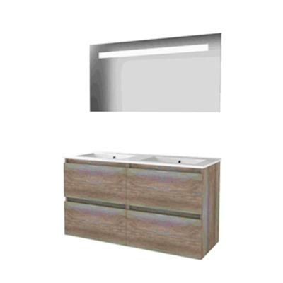 Basic-Line Economic 46 Badkamermeubelset - 120 x 46 cm - Greeploos - 4 Lades - Keramische Wastafel - 2 Kraangaten - Spiegel met LED Verlichting - Scotch Oak