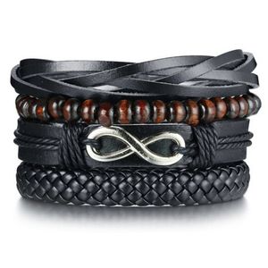Leren armbanden Set Zwart Infinity Houten Kralen