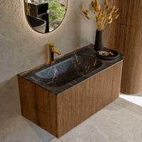 Mondiaz KURVE-DLUX 95 cm Onderkast Greeploos 1 Lade Met Deuren Walnut, Wastafel Solid Surface Links Lava 1 Kraangat Zonder Spiegel (KRVBGS95R1L1D1KL-Wal/Lav)
