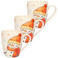 Kerst mok - 3x stuks - sneeuwpop - 8 x 10 cm - porselein - 300 ml - beker - koffiemok