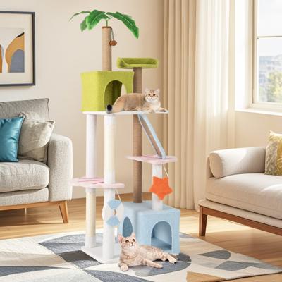 180 cm Grote Krabpaal met Meerdere Verdiepingen met 2 Kattenholtes Platforms Sisalpalen Ladder/Krabplank en Speelgoed Kleurrijk