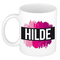 Naam cadeau mok / beker Hilde met roze verfstrepen 300 ml - thumbnail