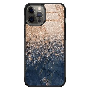 iPhone 12 Pro Max glazen hardcase - Marmer blauw rosegoud