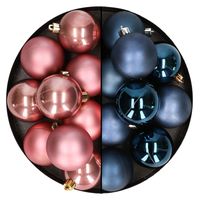 24x stuks kunststof kerstballen mix van donkerblauw en oudroze 6 cm