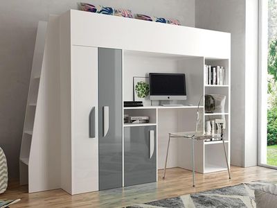 Samengesteld bed PARADISIO 90x200 cm wit/hoogglans grijs met ladder aan de linkerzijde