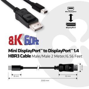 CLUB3D Mini DisplayPort naar DisplayPort 1.4 HBR3 8K60Hz Kabel, 2 Meter