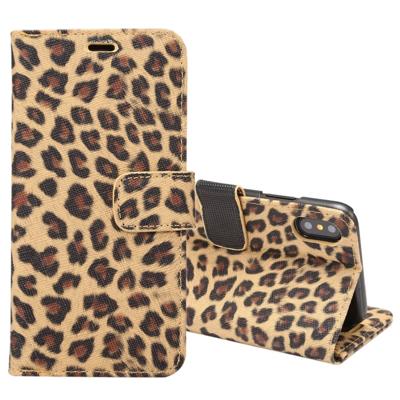 iPhone X horizontaal Luipaard patroon PU leren Flip Hoesje met houder en opbergruimte voor pinpassen (geel)