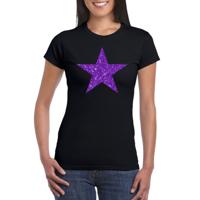 Verkleed T-shirt voor dames - ster - zwart - paars glitter - carnaval/themafeest - thumbnail