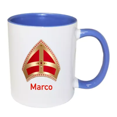 Sinterklaas mok mijter met naam (blauw)
