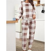 Dames Pyjama Sets Raster / Plaid Modieus Pluche Comfortabel Huis Dagelijks Bed Fleece Ademend Strakke ronde hals Lange mouw Pantalon Elastische taille Herfst Winter Wijn Oranje Lightinthebox