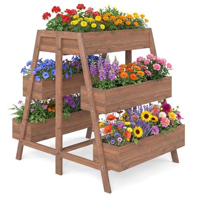 Verhoogde Tuinbak met Meerdere Niveaus Houten Plantenrek met Meerdere Lagen en Lattenbodem