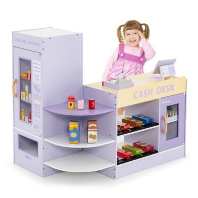 Kinderwinkelwinkel met Zijbalk Supermarktset met Kassa POS-Machine Verkoopautomaat en Krijtbord Boodschappenwinkel Verkoopstand (Paars)