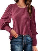 Women's Long Sleeve Shirt Spring/Fall Wine Red Plain Crew Neck Daily Going Out Casual Top
