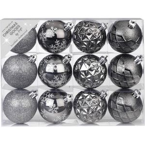 24x stuks luxe gedecoreerde kunststof kerstballen antraciet mix 6 cm - Kerstbal