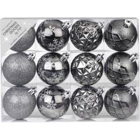 12x stuks luxe gedecoreerde kunststof kerstballen antraciet mix 6 cm - Kerstbal - thumbnail