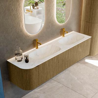 Badmeubel Mondiaz Kurve-Dlux | 175 cm cm | Meubelkleur Dusk | Wastafelkleur Opalo | Solid surface | Dubbel / Rechts spoelbak | 2 kraangaten