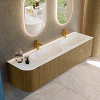Badmeubel Mondiaz Kurve-Dlux | 175 cm cm | Meubelkleur Dusk | Wastafelkleur Opalo | Solid surface | Dubbel / Rechts spoelbak | 2 kraangaten