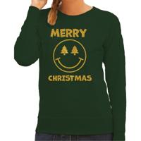 Foute kersttrui/sweater voor dames - Merry Christmas - groen - glitter goud - Smile Emoticon