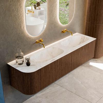Badmeubel Mondiaz Kurve-Dlux | 175 cm | Meubelkleur Walnut | Wastafelkleur Frappe | Solid surface | Dubbele spoelbak | Zonder kraangat(en)