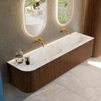 Badmeubel Mondiaz Kurve-Dlux | 175 cm | Meubelkleur Walnut | Wastafelkleur Frappe | Solid surface | Dubbele spoelbak | Zonder kraangat(en)