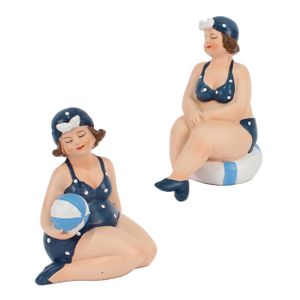 Woonkamer decoratie beeldjes set van 2 dikke dames - donkerblauw badpak - 11 cm