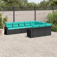 10-delige Loungeset met kussens poly rattan zwart