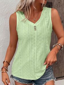 Loose V Neck Casual Buttoned Eyelet Embroidery  Front Tank Top