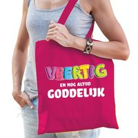 Cadeau tas 40 jaar - veertig en goddelijk - dames - fuchsia roze - katoen - 42 x 38 cm