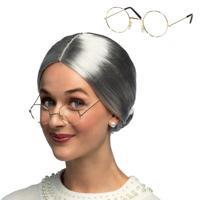 Verkleedpruik voor dames - Oma/sara/bejaarde - met brilletje - Carnaval - kort haar - knotje