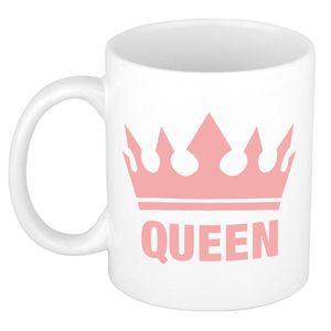 Cadeau Queen mok/ beker wit met roze bedrukking 300 ml