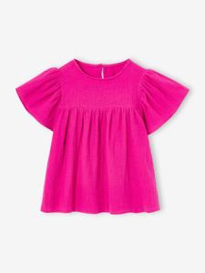 Meisjesblouse met print en vlindermouwen van gaas van biologisch katoen fuchsia