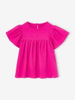 Meisjesblouse met print en vlindermouwen van gaas van biologisch katoen fuchsia