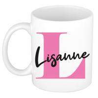 Naam mok Lisanne - roze - wit - keramiek - 300 ml - verjaardag/cadeau beker