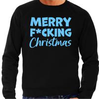 Foute Kersttrui/sweater voor heren - Merry F*cking Christmas - zwart - glitter blauw - thumbnail