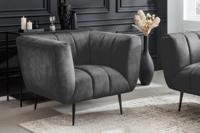 Retro fauteuil NOBLESSE 105cm grijs fluweel zwart metalen poten lente kern decoratief stiksel - 44540