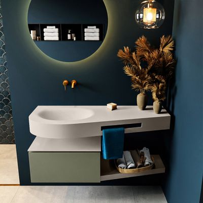 MONDIAZ RIVA 120cm badmeubel onderkast / planchet kleur Army met 1 lade. Wastafel DULCET links 0 kraangaten kleur Linen.