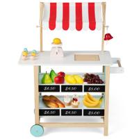 Houten Ijswagen voor Kinderen met 8 Accessoires Speelgoed Ijswagen met Luifel 2 Planken & Schoolbord Marktkraam voor Kinderen 3+