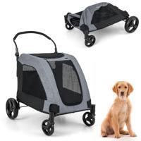 67 x 98 x 88 cm Hondentrolley voor Middelgrote en Grote Honden 4 Vouwwielen met Deur Dakraam Verstelbare Handgreep Grijs + Zwart