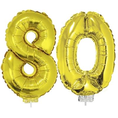 80 jaar leeftijd versiering cijfers - verjaardag - ballonnen op stokje - van 41 cm - goud 80 jaar leeftijd versiering cijfers - verjaardag - ballonnen op stokje - van 41 cm - goud