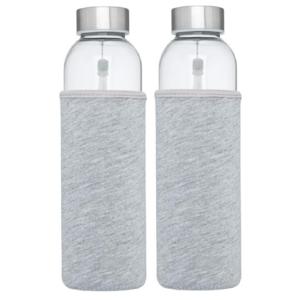 Glazen waterfles/drinkfles - 2x stuks - softshell bescherm hoes grijs - 500 ml - Sportfles - Bidon