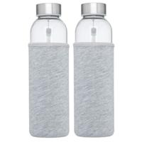 Glazen waterfles/drinkfles - 2x stuks - softshell bescherm hoes grijs - 500 ml - Sportfles - Bidon