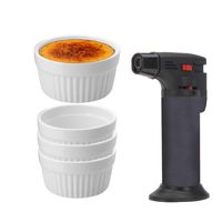 9-Delige creme brulee set met witte schaaltjes en een grijze brander