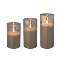 Lumineo luxe LED kaarsen - in glas - 3x stuks - grijs - stompkaarsen - timer